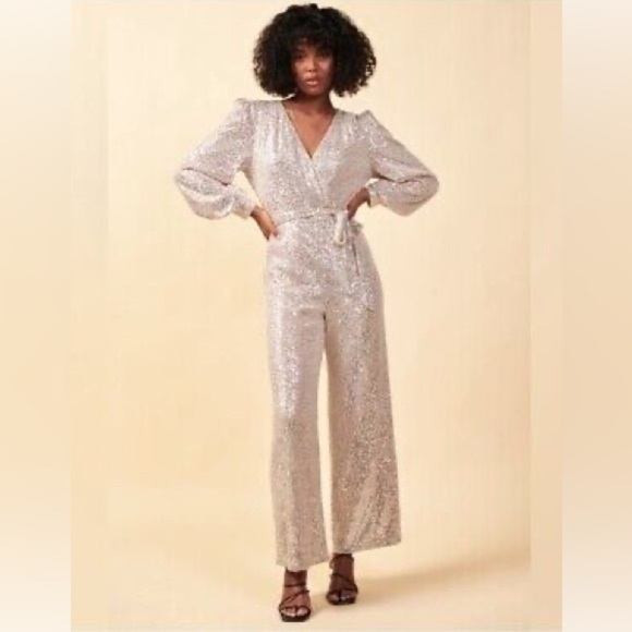 Skies Are Blue Long Sleeve Sequined Wide Leg Champagne Jumpsuit size S NWT - Picture 1 of 11